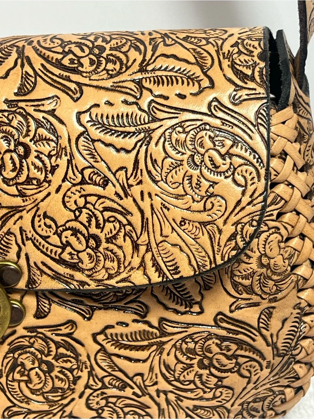Tooled Leather Embossed Floral Saddle Bag Braided Handcrafted Western Boho